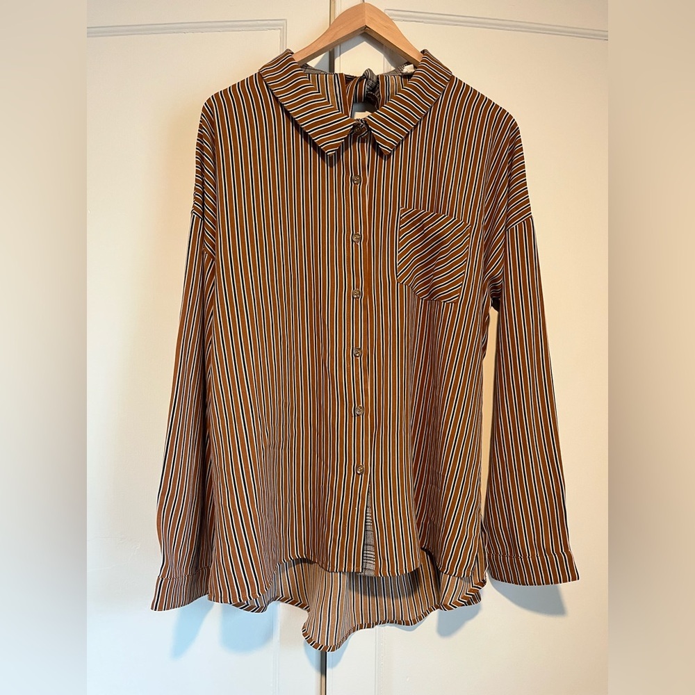 Women’s Hem & Thread Striped Oversized Button Up Blouse